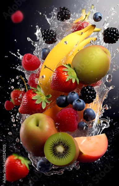 Fototapeta Fresh fruits in transparent water splashes, front view.