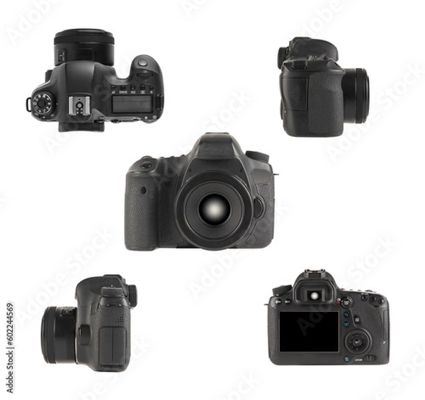 Fototapeta Different views of modern DSLR camera isolated on a white background