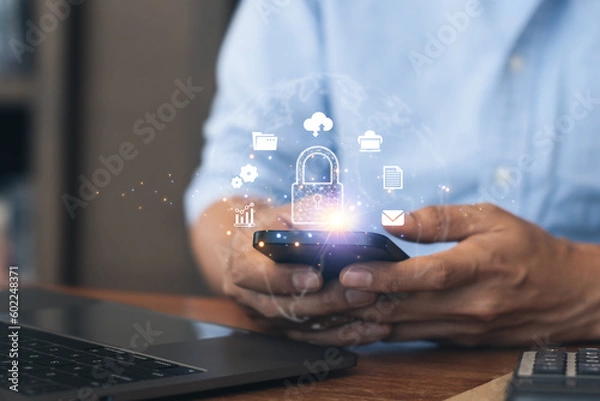 Obraz Businessman use laptop planning online System security business work. Business Cyber security internet and networking concept.