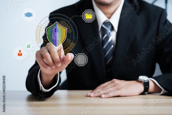 Obraz Businessman use laptop planning online System security business work. Business Cyber security internet and networking concept.
