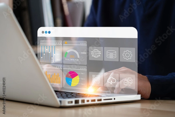 Obraz Business strategy concept for the development of the organization. Businessman use laptops to work on virtual smart digital screens, Analyze statistical Marketing data,Data management