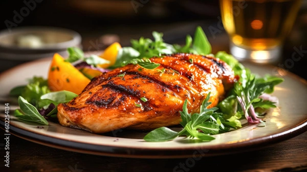 Fototapeta Closeup of tasty roast chicken breast served on plate . Delicious food. Grilled chicken. Generative AI