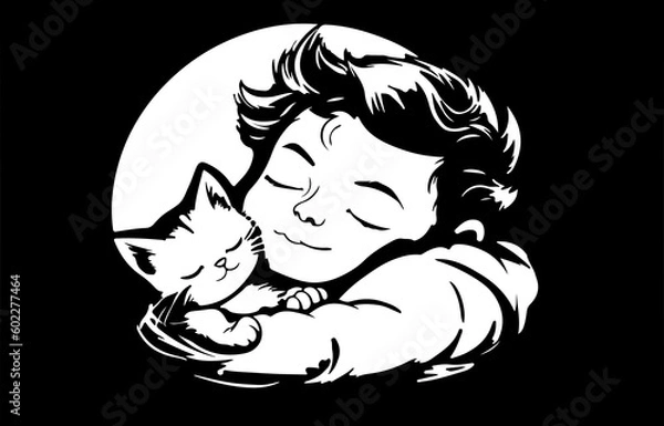 Fototapeta baby sleeping on a cloud with kitty. black and white illustration in the style of a sticker or a children's book. generative AI technology
