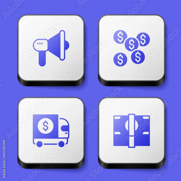 Fototapeta Set Megaphone, Dollar symbol, Armored truck and Stacks paper money cash icon. White square button. Vector