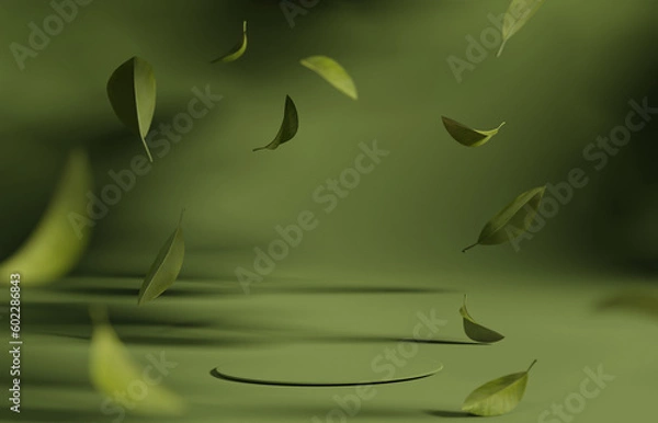 Fototapeta 3D background, green podium display. Tree leaves falling. Cosmetic or beauty product promotion step pedestal with leaf. Abstract minimal advertise. 3D render copy space nature mockup.