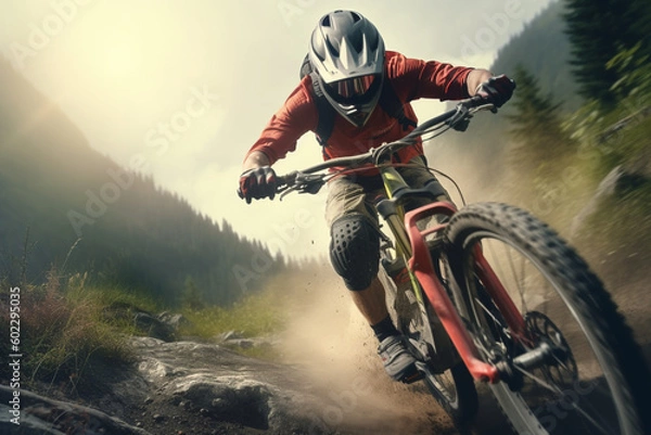 Fototapeta Mountain Biking Enthusiast Enjoying Summer Ride, Generative AI