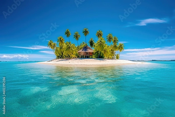 Obraz Small tropical island with hut and palms surrounded sea blue water, generative AI.