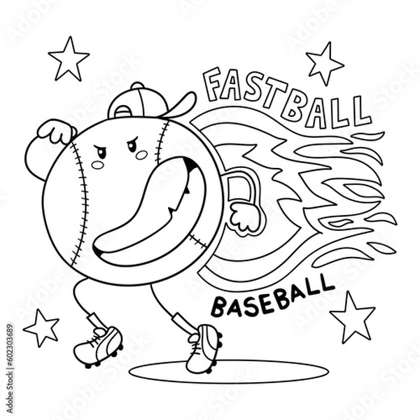Obraz illustration in black and white of a smiling baseball running very fast, retro drawing, coloring book