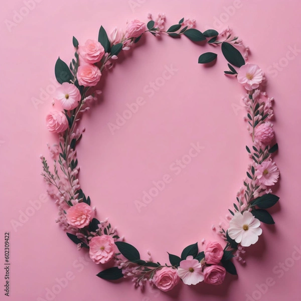 Obraz Many flowers made of paper on orange background with copy space. Floral frame layout with text space. Romantic feminine composition. invitation.  Generated AI