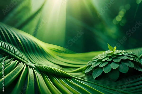 Obraz Abstract green leaves with rain drops background. Natural textured foliage. Generated Ai