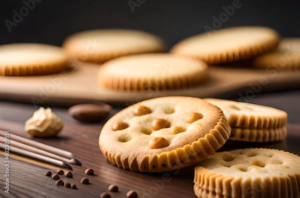 Fototapeta Scattered crumbs of vanilla chip butter cookies isolated on white background. Close-up view of brown crackers. Macro shot of yellow biscuit cake Generative AI