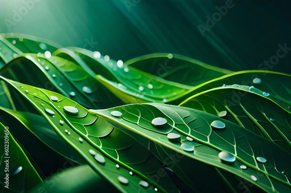 Obraz green leaf with water drops Generated AI