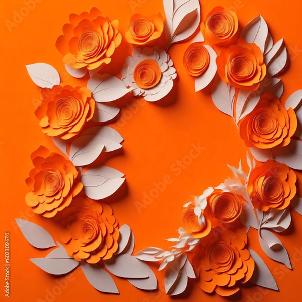 Obraz Many flowers made of paper on orange background with copy space. Floral frame layout with text space. Romantic feminine composition. Wedding invitation. International Womens day, Generated AI