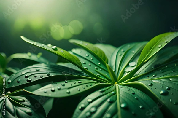 Obraz green leaf with water drops Generated AI