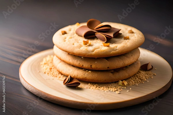 Obraz Scattered crumbs of vanilla chip butter cookies isolated on white background. Close-up view of brown crackers. Macro shot of yellow biscuit cake leftovers for your design Generative AI