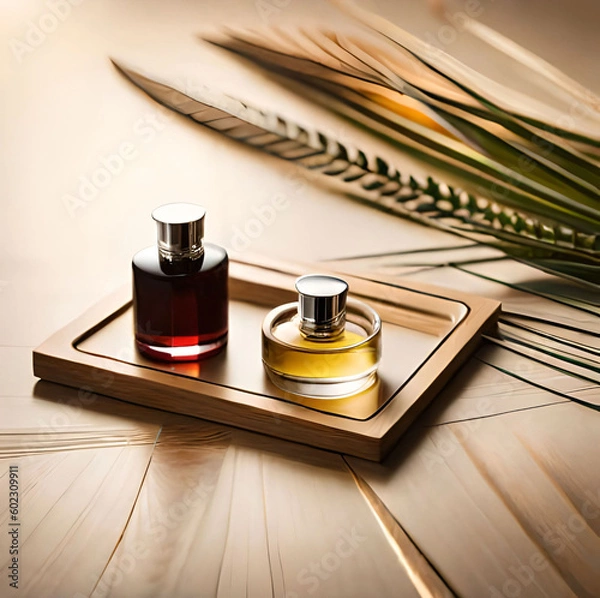 Obraz Two glass perfume samples with transparent brown liquid on wooden tray lying on beige background with pampas grass. Luxury and natural cosmetics presentation. generative ai