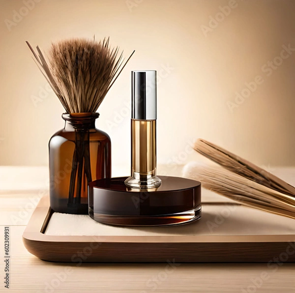 Fototapeta  glass perfume sample with transparent brown liquid on wooden tray lying on beige background with pampas grass. Luxury and natural cosmetics presentation. Testers on woodcut in sunlight generative ai