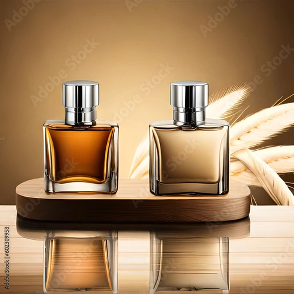 Obraz Banner of two Perfume samples with yellow liquid on wooden tray on beige background with pampas grass. Luxury and natural cosmetics presentation. Tester on woodcut in the sunlight. generative ai
