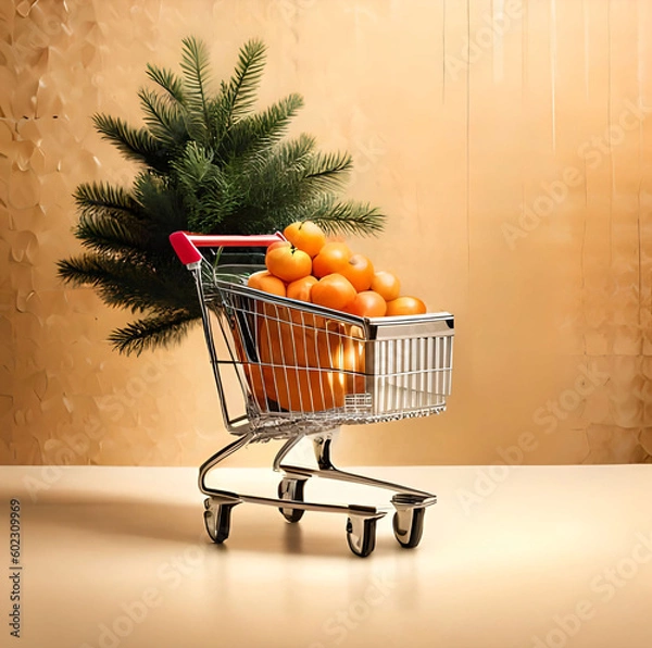 Obraz Small shopping cart with tangerines on beige background. Online shopping, fresh fruit delivery concept with copy space. Black Friday, Cyber Monday Sales. Christmas supermarket offers generative ai 