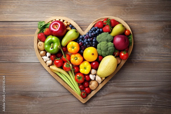 Fototapeta Healthy food in heart on wood table by generative AI