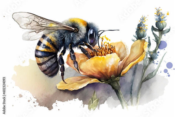 Obraz bee on flower in aquarelle style, ai generated