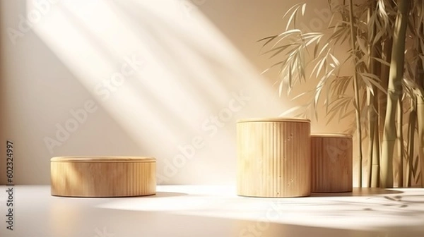 Fototapeta Bamboo product display podium for natural product. Empty scene with bamboo branch. Generative ai