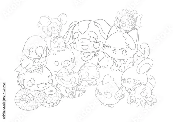 Fototapeta Group of a cute little animals with a kind smiling face and big eyes.