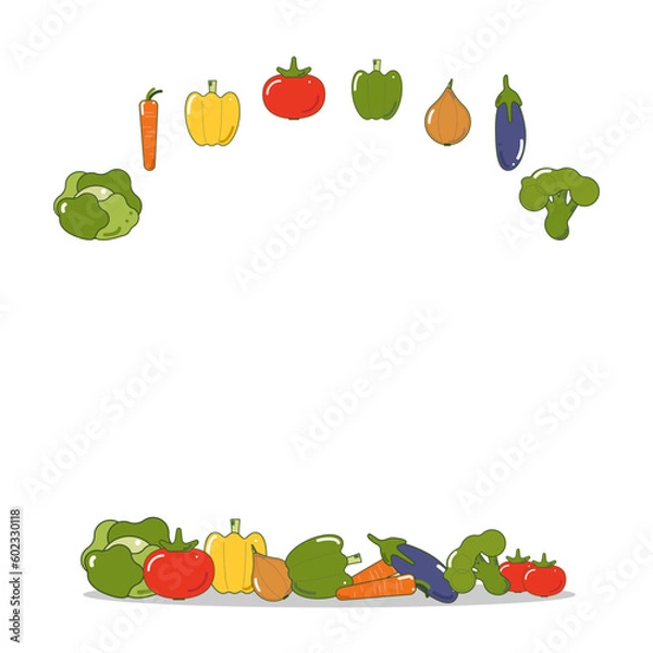 Fototapeta Banner frame of vegetables on a white background, for the design of printed products, menus. Tomato, red pepper, green pepper, yellow pepper, bell pepper, eggplant, cabbage, carrot, onion, broccoli.