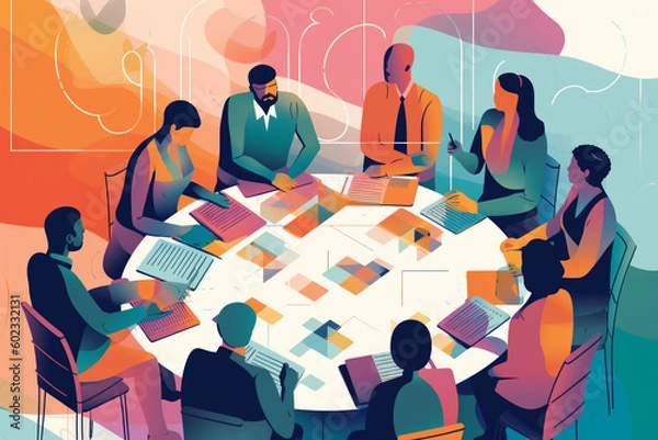 Fototapeta Group of people in a business meeting, discussing and planning a strategic direction, Generative AI