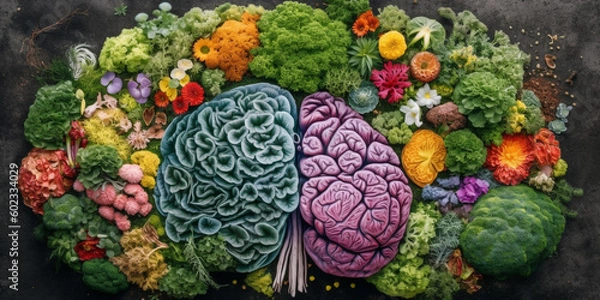 Fototapeta The brain as a garden, with different parts of the brain represented by different types of plants, Generative AI