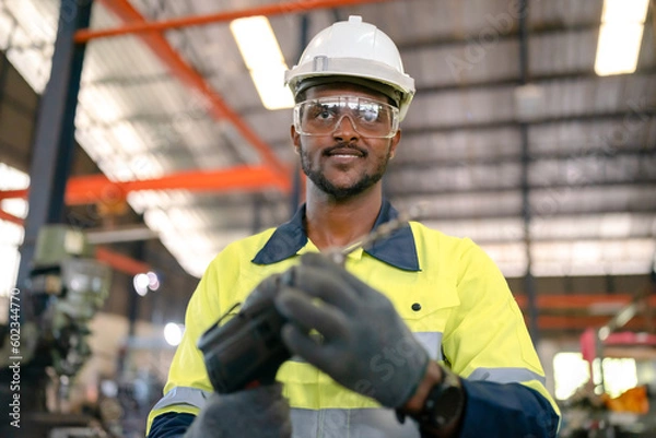 Fototapeta Production engineers are assisting adjusting and maintaining factory machine, Male workers technician examining control the industrial technology tool, professional repair men work in industry plant