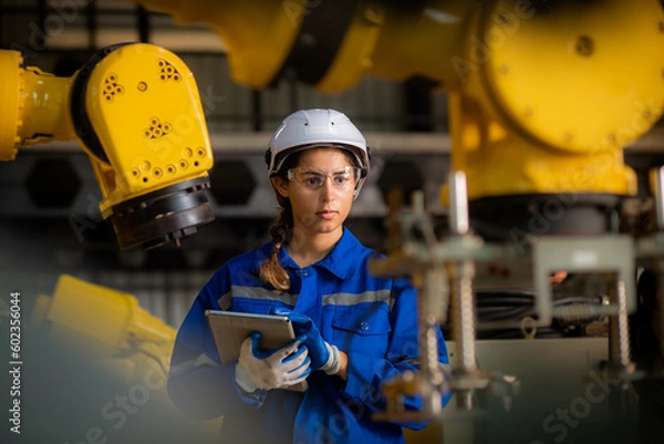 Fototapeta Caucasian female engineer, technician wearing safety uniform working use tablet Online information to monitor machine operation, check  maintenance plan to make a machine work efficiently and safely.