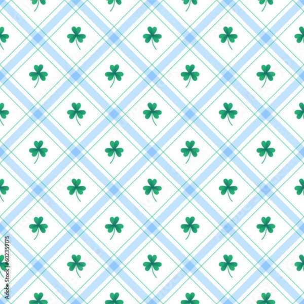 Fototapeta Cute Shamrock Lucky Irish leaf Element Blue Green Diagonal Stripe Striped Line Tilt Checkered Plaid Tartan Buffalo Scott Gingham Pattern Illustration Wrapping Paper, Picnic Mat, Scarf, Tablecloth, 
