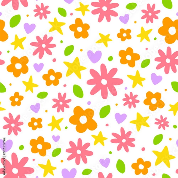 Fototapeta Cute Confetti Daisy Flower Heart Star Leaf Sprinkle Sparkle Flower Ditsy Shine Dot Doodle Handdrawn Colorful Rectangle Card Border Frame Template Banner Copy Space for Spring Summer Party Celebration