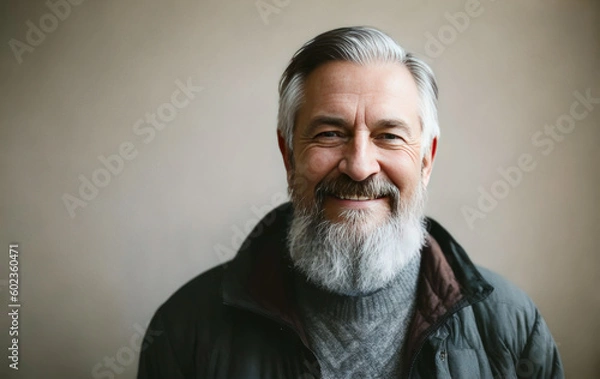 Fototapeta Portrait of the mature bearded man with a cheerful smile wearing a sweatshirt. Concept of active age. Generative AI