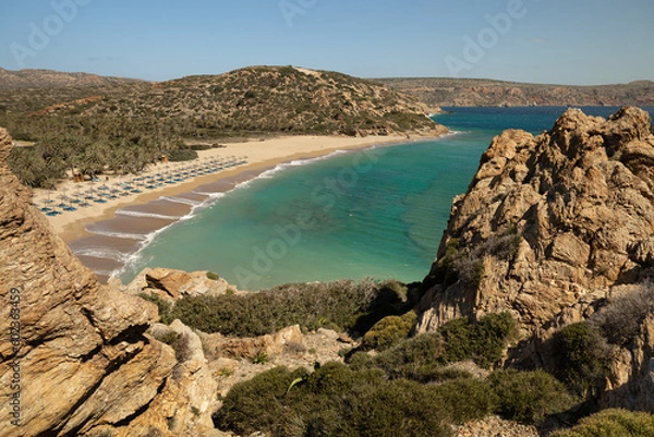 Fototapeta Top view of Vai beach with a wild palm forest on the southern coast of Crete, Greece