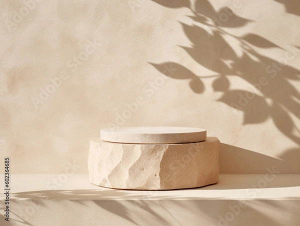 Fototapeta beige natural podium pedestal product display background with texture and shadow, luxury, elegant, modern, minimal created with Generative AI