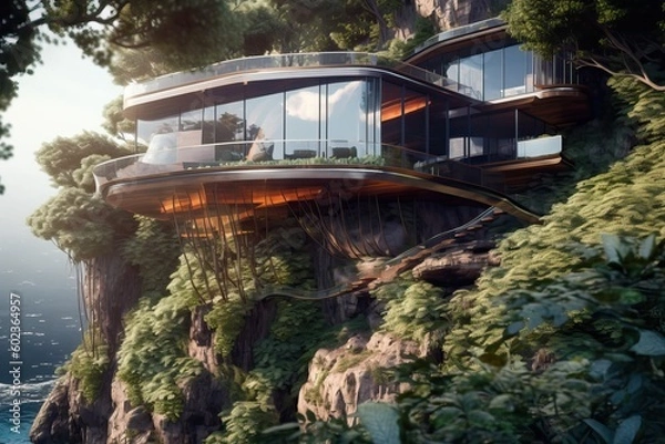 Fototapeta Magnificent modern house built on a cliff, generative ai