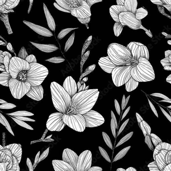 Fototapeta  Floral seamless pattern. Background with freesias. Hand-drawn. Graphics. Engraving