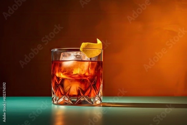 Obraz Classic Old Fashioned cocktail with ice cube and orange peel, Generative AI