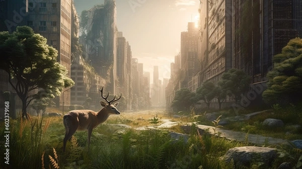 Fototapeta 2050 year. After the apocalypse, a large city is covered with green plants. created with Generative AI technology.