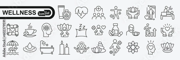 Obraz Wellness web icon set in line style. Relaxation, spa, sleep, yoga, health, lifestyle, spiritual practice, meditation, collection. Vector illustration.
