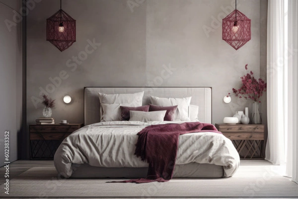 Fototapeta Contemporary bedroom in grays and burgundy Japandi style. Photorealistic illustration generative AI.