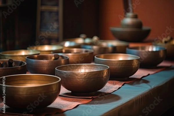 Fototapeta Set of Tibetan singing bowls with dark background, generative AI