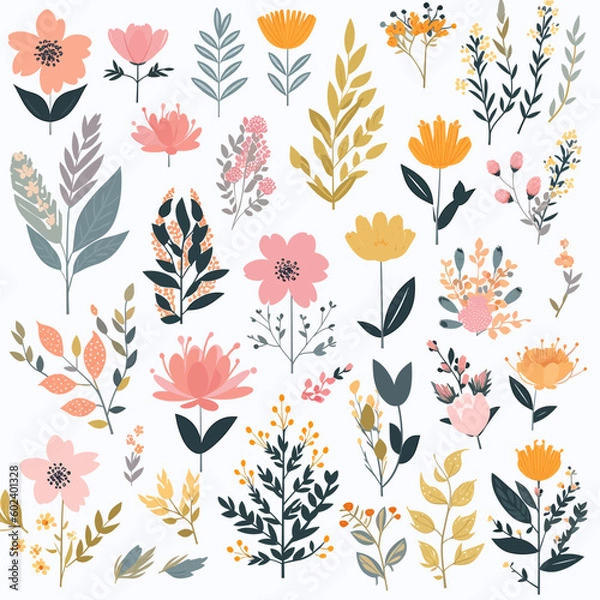 Fototapeta Vector collection, flowers, beautiful collection of romantic flowers with roses, leaves, flower bouquets, flower compositions.