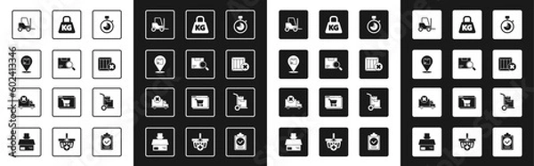 Fototapeta Set Stopwatch, Search package, Location with cardboard box, Forklift truck, Wooden and delete, Weight, Hand boxes and Delivery cargo vehicle icon. Vector