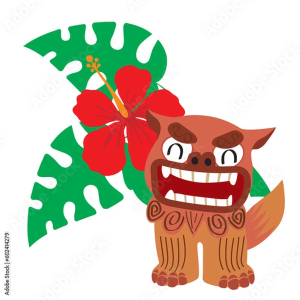 Fototapeta ポップなシーサーとハイビスカスとモンステラのイラスト　夏とリゾートと沖縄県のイメージ