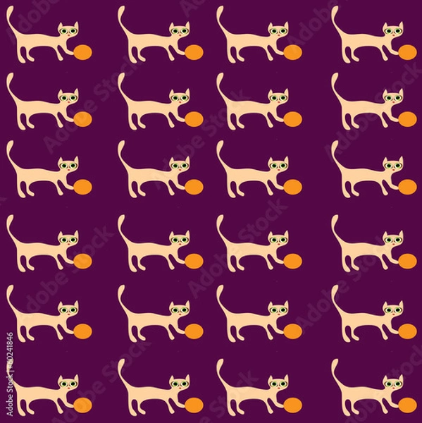 Fototapeta Kitten with a bow on maroon background,pattern seamless.