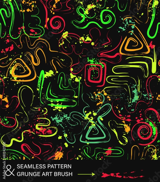 Fototapeta Pattern with abstract wavy shapes, swirls, twirls, paint brush strokes, blots, spattered paint of neon bright colors. Grunge style for sports goods, prints, clothing, t shirt design, vinyl wrap.