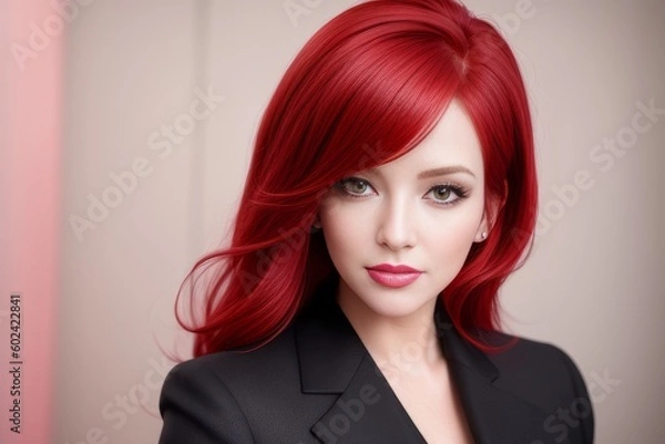 Fototapeta Young red hair business lady smiling into camera in her office. Beautiful young business woman with fiery hair and in a black jacket or suit posing for a picture with pastel background. Generative AI